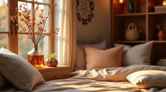 Intérieur chaleureux et évolutif avec éléments naturels, parfums diffusés, éclairage tamisé et détails décoratifs évoquant les saisons