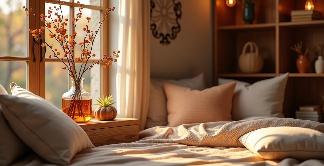 Intérieur chaleureux et évolutif avec éléments naturels, parfums diffusés, éclairage tamisé et détails décoratifs évoquant les saisons