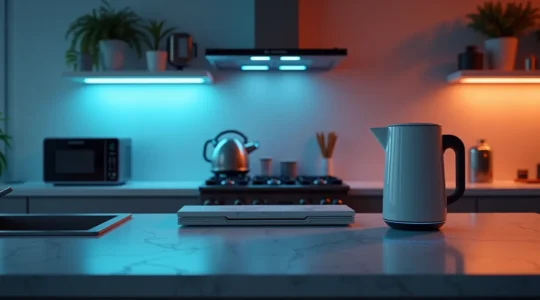 Illustration montrant une cuisine moderne avec des appareils électroménagers innovants technologiques remis en contexte face à des gadgets marketing