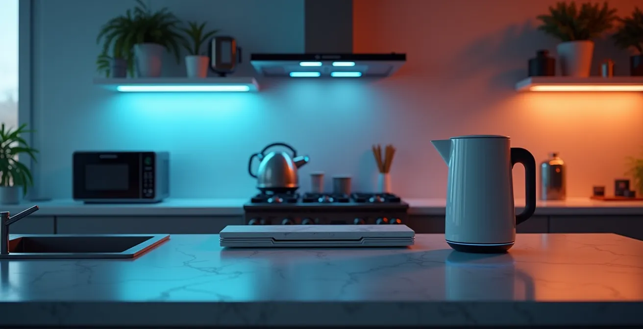 Illustration montrant une cuisine moderne avec des appareils électroménagers innovants technologiques remis en contexte face à des gadgets marketing