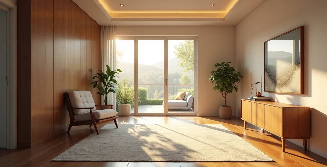 Illustration d’un salon avec un chemin de circulation fluide marqué, incluant des zones de pause avec fauteuils et plantes près de fenêtres.