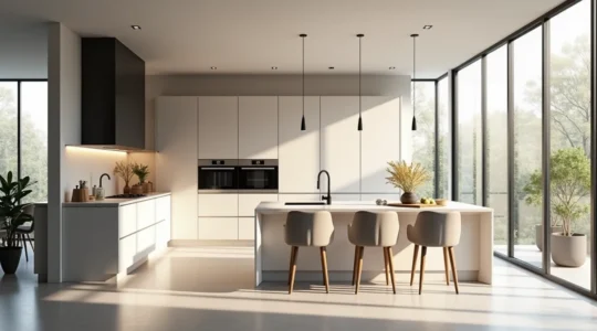 Cuisine moderne bien organisée avec design intemporel et ergonomie, illuminée naturellement