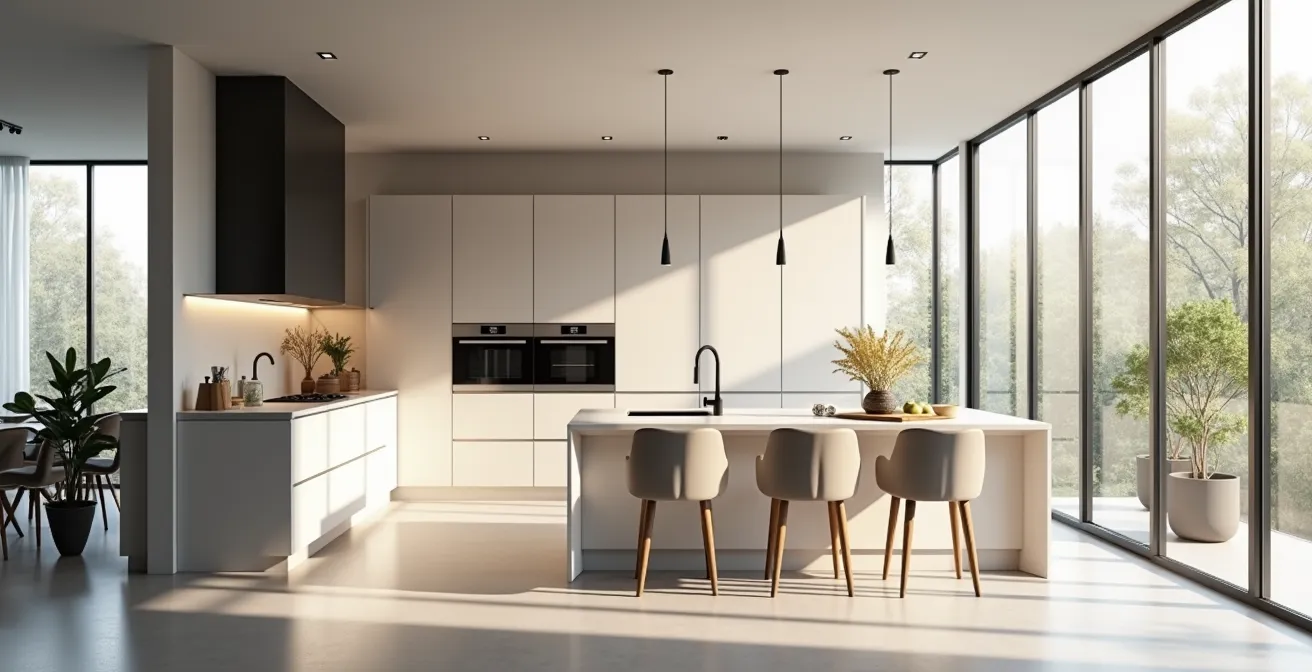 Cuisine moderne bien organisée avec design intemporel et ergonomie, illuminée naturellement