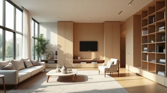 Vue stylisée d'un intérieur moderne modulable illustrant les décisions stratégiques de décoration et d'aménagement durable.