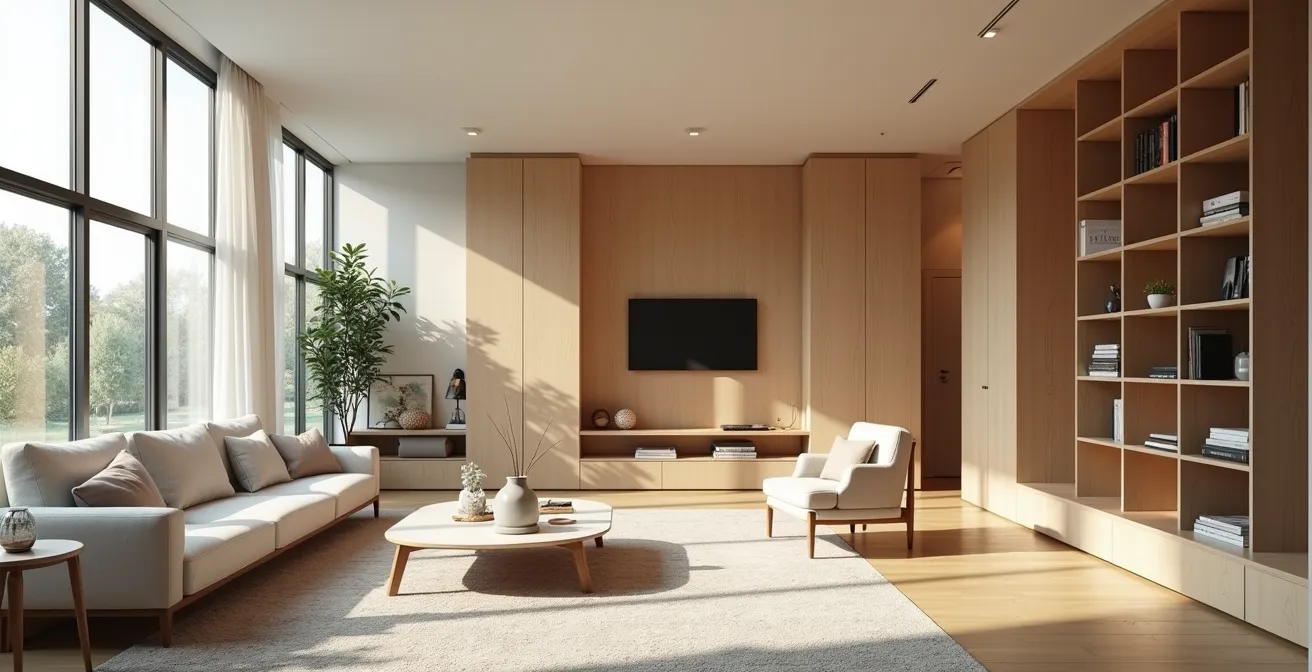 Vue stylisée d'un intérieur moderne modulable illustrant les décisions stratégiques de décoration et d'aménagement durable.