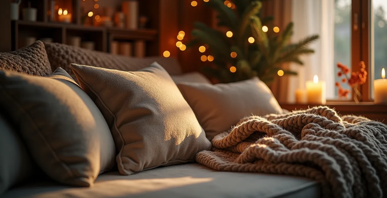 Intérieur cosy mettant en valeur textures naturelles, formes accueillantes et éléments de décoration saisonniers