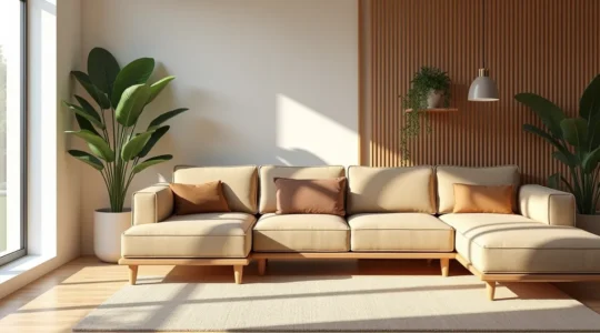 Intérieur contemporain où le design esthétique et la fonctionnalité se marient harmonieusement avec mobilier astucieux et éléments naturels