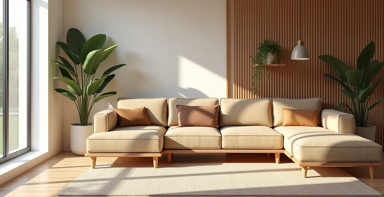 Intérieur contemporain où le design esthétique et la fonctionnalité se marient harmonieusement avec mobilier astucieux et éléments naturels