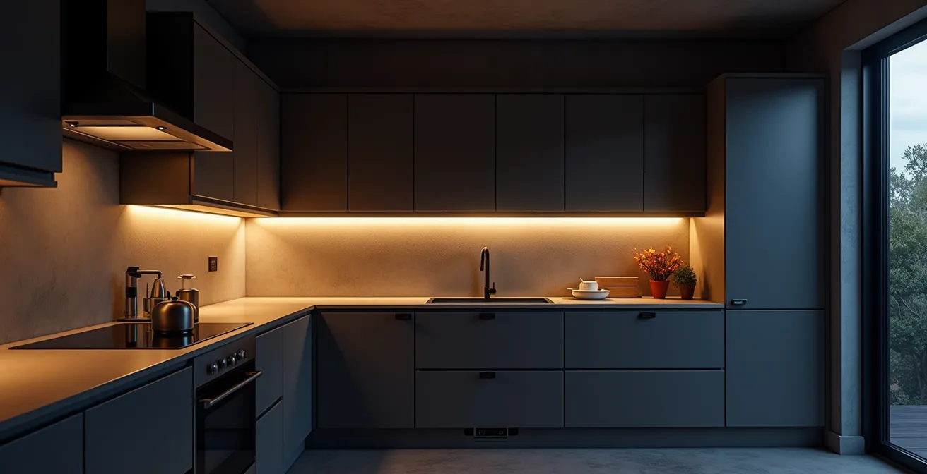 Différentes couches d’éclairage dans une cuisine moderne montrant l’éclairage général, fonctionnel et décoratif