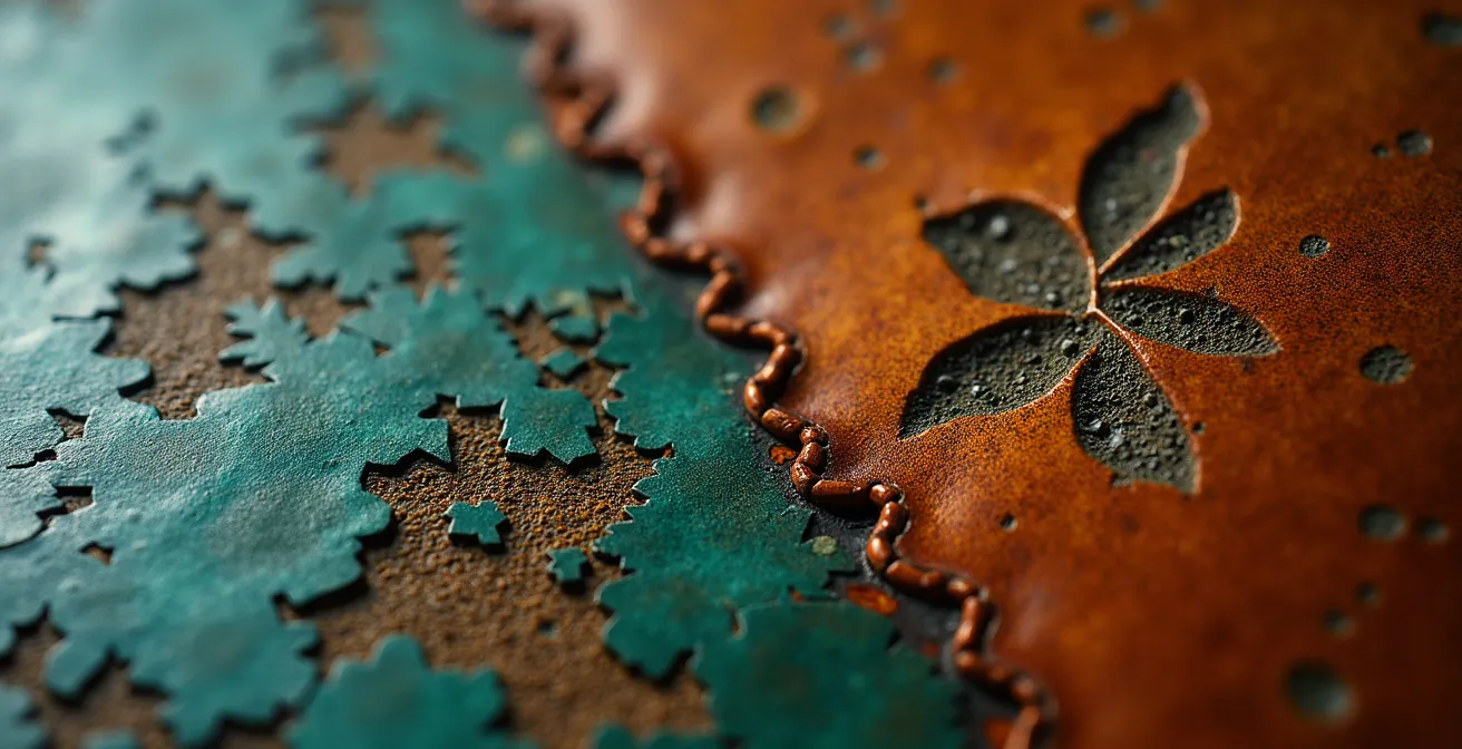 Détails macro de différentes patines : vert-de-gris sur cuivre, craquelé sur céramique ancienne, lustre du bois usé et fleur du cuir patiné.