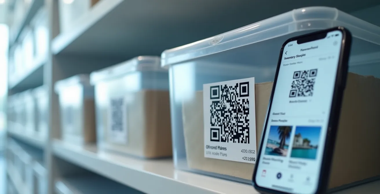 Boîtes de rangement avec étiquettes QR code pour inventaire digital accessible sur smartphone