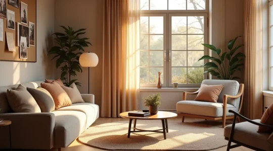 Intérieur chaleureux et personnalisé montrant un espace déco mélangeant matériaux naturels, objets personnels et ambiance sensorielle