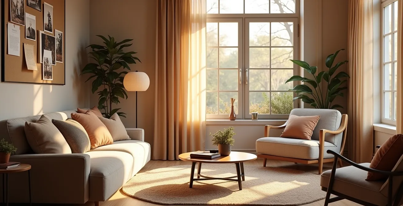 Intérieur chaleureux et personnalisé montrant un espace déco mélangeant matériaux naturels, objets personnels et ambiance sensorielle