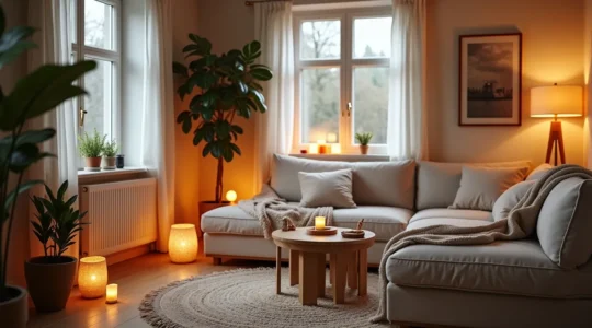 Intérieur scandinave cosy illustrant le hygge avec lumière douce, bois clair et textiles confortables
