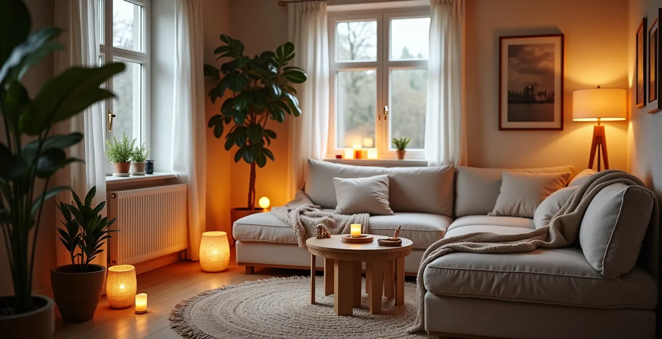 Intérieur scandinave cosy illustrant le hygge avec lumière douce, bois clair et textiles confortables