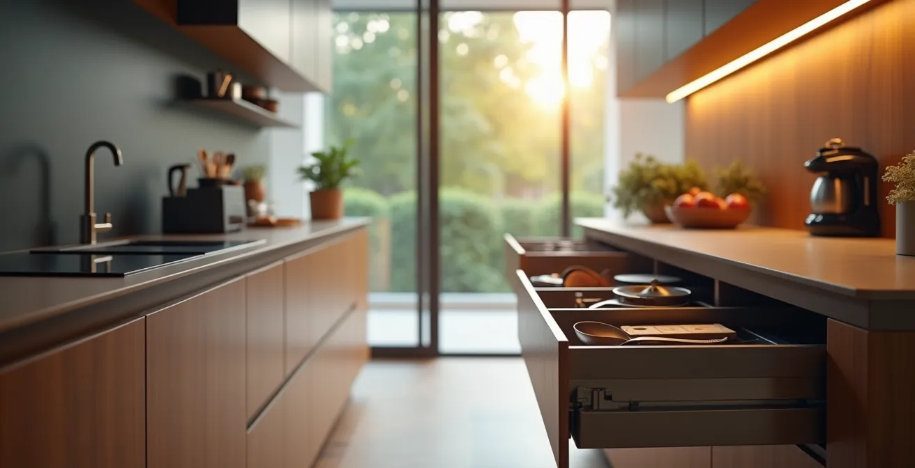 Cuisine avec tiroirs motorisés et rangements modulables personnalisables