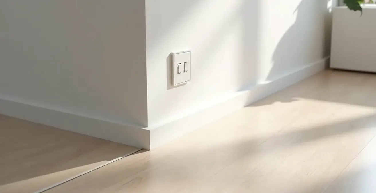 Vue rapprochée d’une plinthe creuse dissimulant des câbles électriques avec un interrupteur affleurant peint assorti au mur