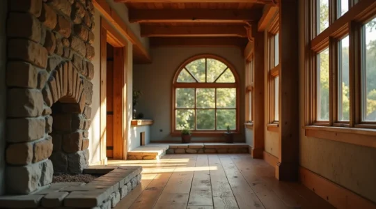 Vue artistique d'un intérieur chaleureux mettant en scène des matériaux naturels comme le bois massif, la pierre et les métaux patinés.