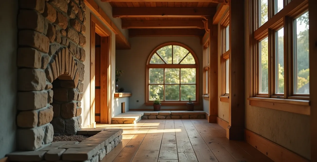 Vue artistique d'un intérieur chaleureux mettant en scène des matériaux naturels comme le bois massif, la pierre et les métaux patinés.