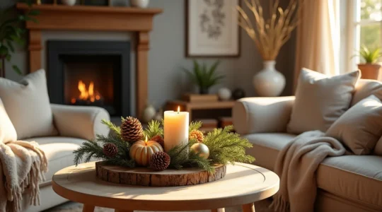 Intérieur chaleureux avec décoration évolutive intégrant des éléments naturels, textures et couleurs de saison