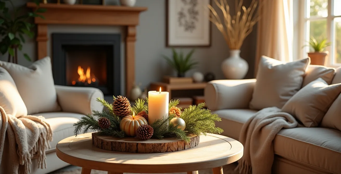 Intérieur chaleureux avec décoration évolutive intégrant des éléments naturels, textures et couleurs de saison