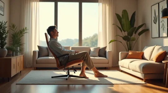 Vue intérieure d'un salon moderne avec mobilier ergonomique, lumière chaleureuse, espace ouvert et ambiance apaisante