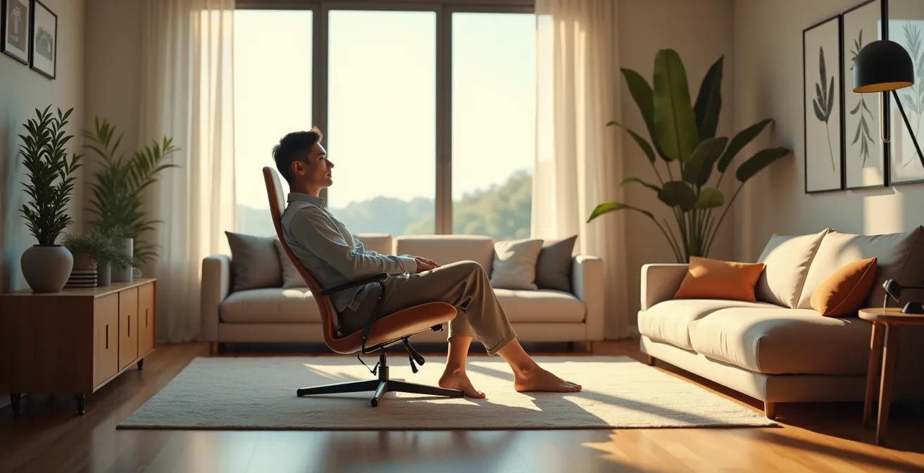 Vue intérieure d'un salon moderne avec mobilier ergonomique, lumière chaleureuse, espace ouvert et ambiance apaisante