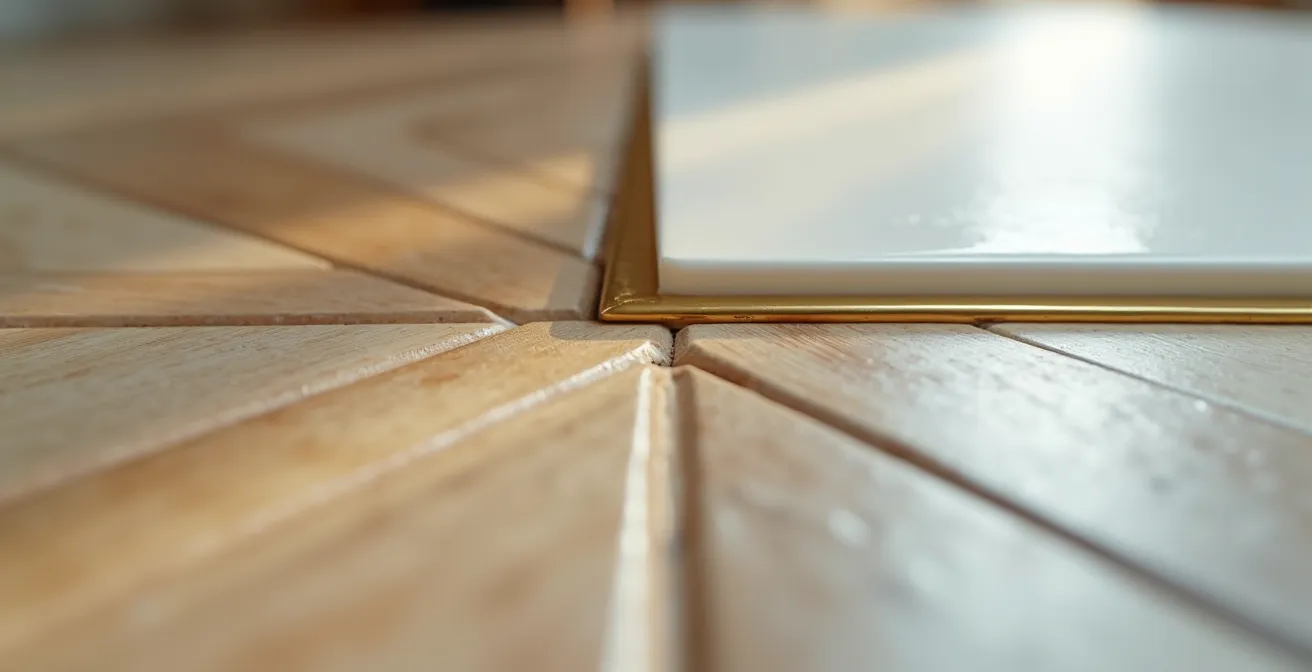Détail rapproché d'une jonction professionnelle entre deux matériaux différents dans un intérieur soigné