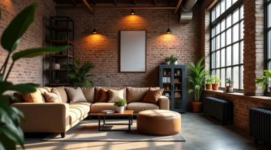 Intérieur de loft industriel chaleureux dans un appartement moderne avec mélange de métal, bois, cuir et éclairage doux