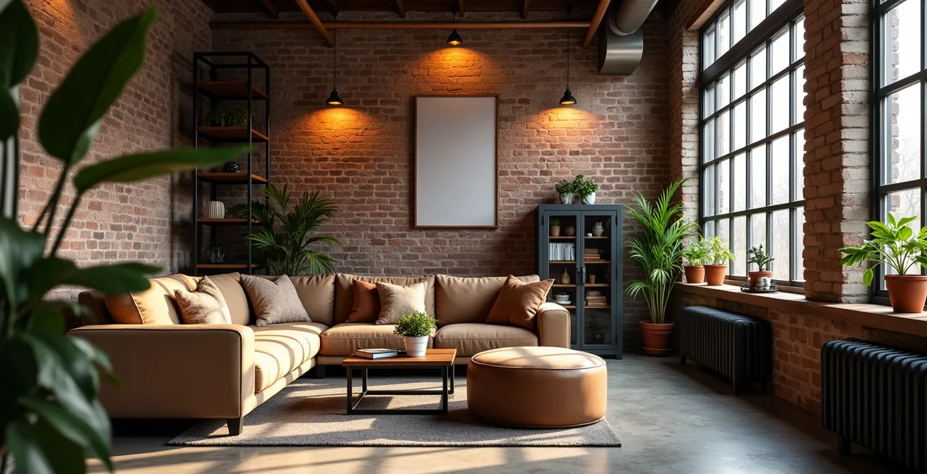 Intérieur de loft industriel chaleureux dans un appartement moderne avec mélange de métal, bois, cuir et éclairage doux