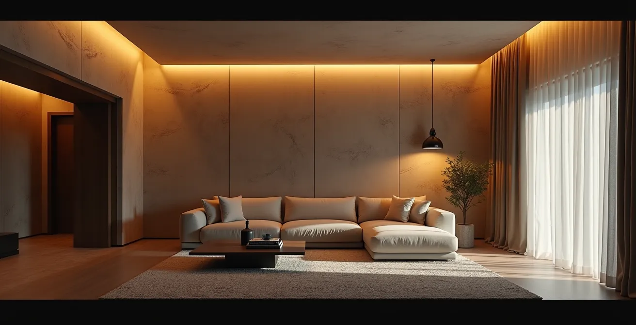 Une grande pièce avec un éclairage indirect subtil mettant en valeur les murs texturés et un plafond lumineux flottant