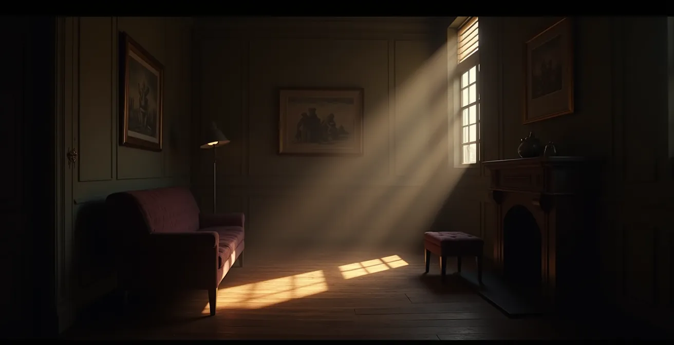 Intérieur avec éclairage dramatique chiaroscuro renforçant les volumes et créant une ambiance intime