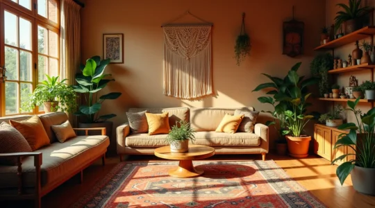 Intérieur maison bohème chaleureuse et éclectique avec objets de voyage et plantes luxuriantes