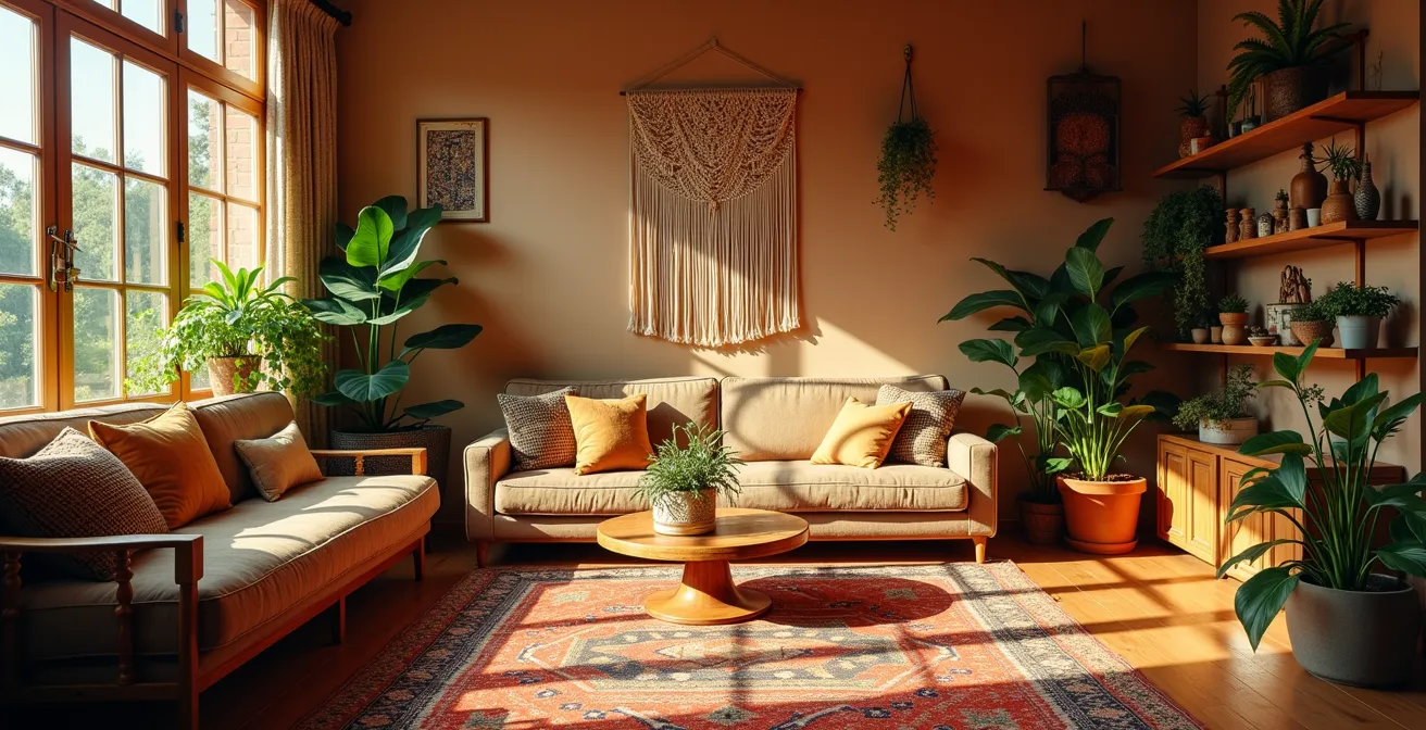 Intérieur maison bohème chaleureuse et éclectique avec objets de voyage et plantes luxuriantes