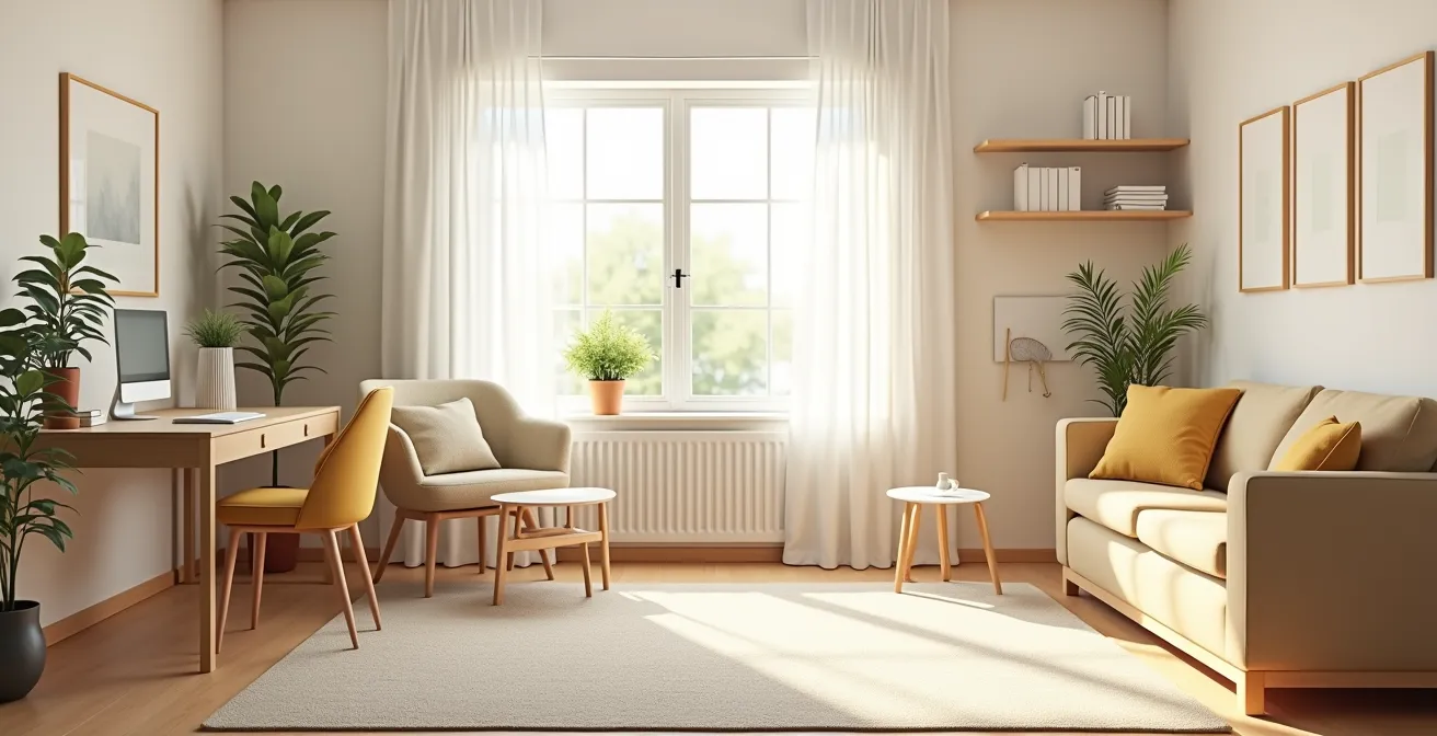 Intérieur d'une maison organisé avec différentes zones fonctionnelles harmonieuses