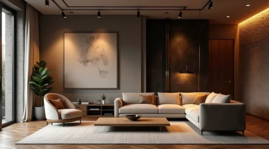 Intérieur contemporain élégant avec un point focal artistique, lumière douce, contrastes et espaces vides harmonieux