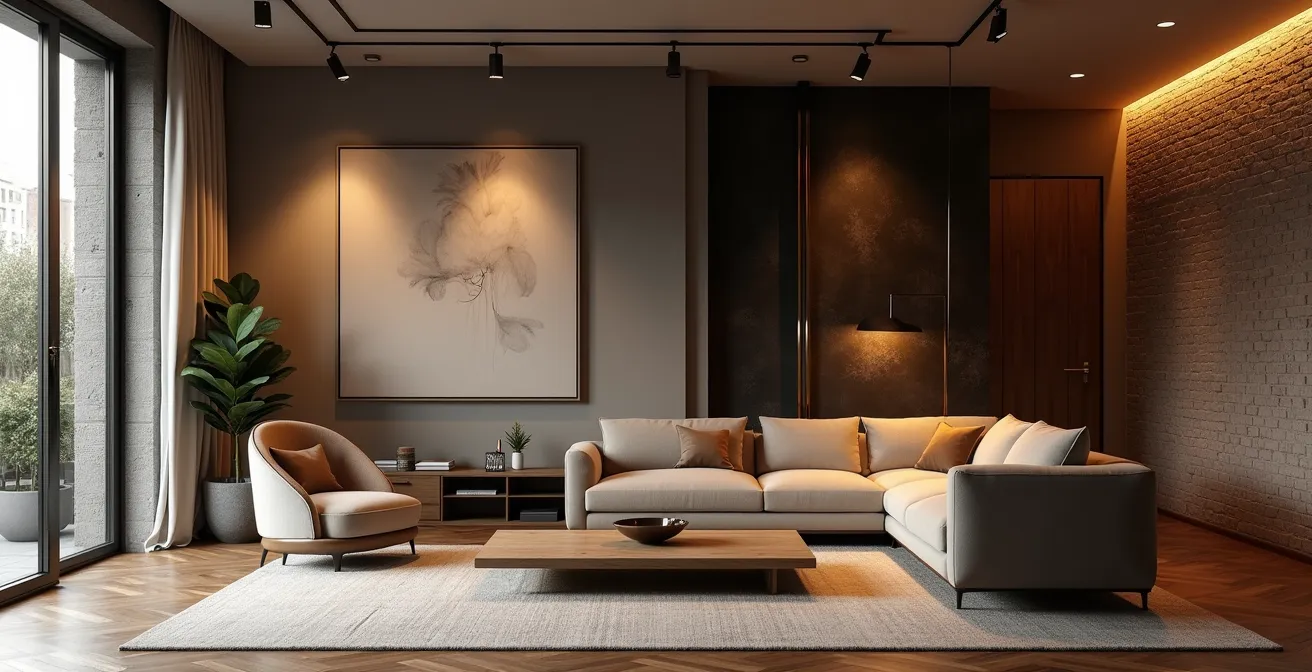 Intérieur contemporain élégant avec un point focal artistique, lumière douce, contrastes et espaces vides harmonieux