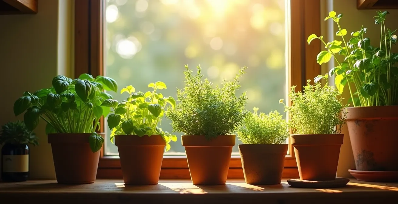 Mini-potager d’herbes aromatiques fraîches sur le rebord d’une fenêtre lumineuse dans une cuisine moderne