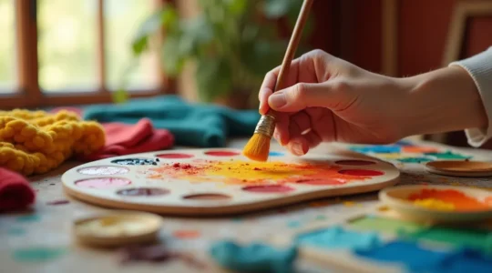 Composition artistique d'une palette de couleurs chaleureuses et contrastées illustrant la création d'une atmosphère intérieure unique