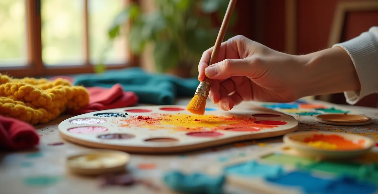 Composition artistique d'une palette de couleurs chaleureuses et contrastées illustrant la création d'une atmosphère intérieure unique