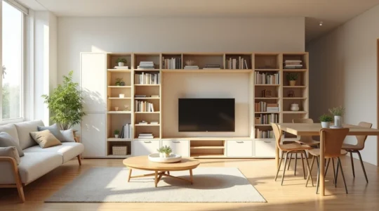 Vue d'un intérieur moderne avec des solutions de rangement intelligent qui optimisent l'espace de vie pour gagner du temps chaque jour
