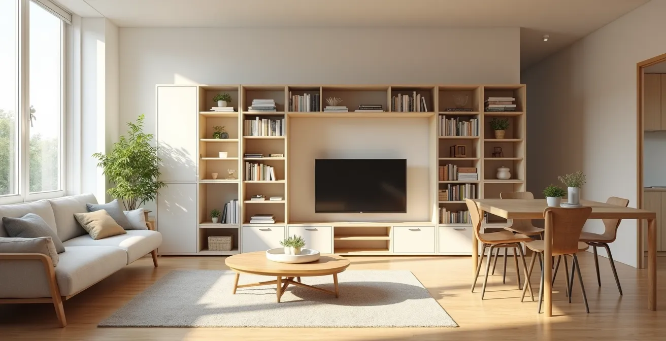 Vue d'un intérieur moderne avec des solutions de rangement intelligent qui optimisent l'espace de vie pour gagner du temps chaque jour