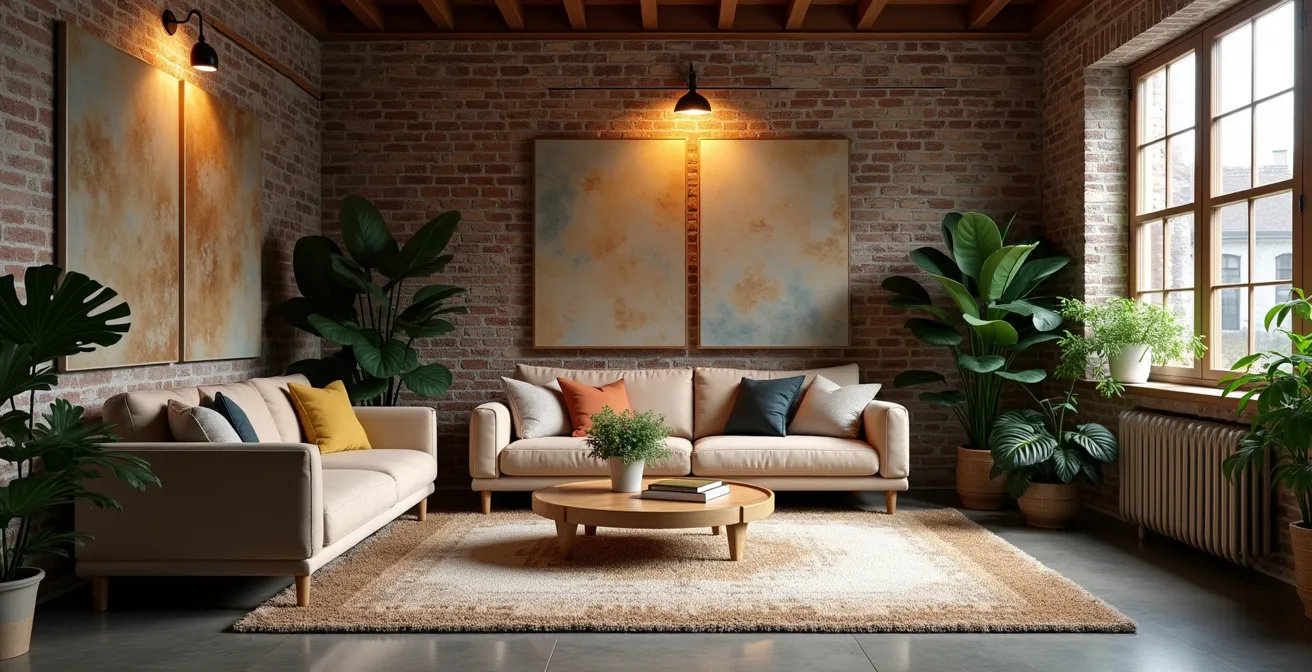 Intérieur industriel avec panneaux acoustiques décoratifs, grands tapis épais et plantes vertes pour réduire l’écho