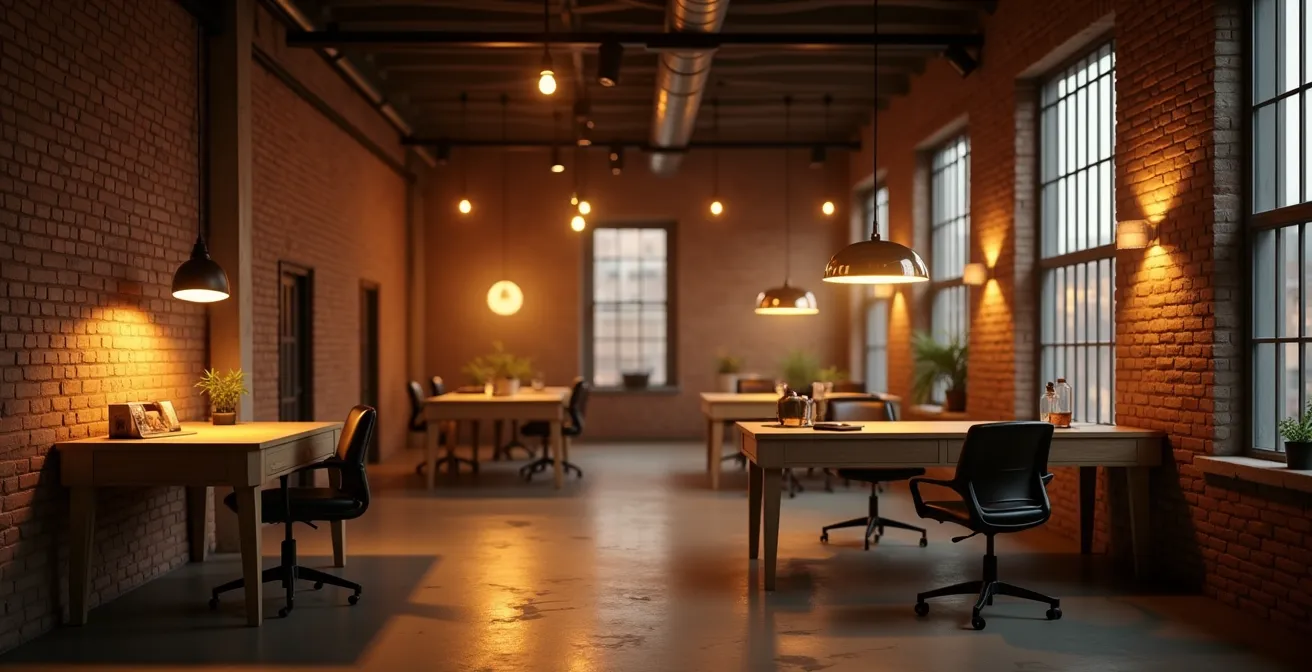 Éclairage chaleureux d’un loft industriel avec plusieurs sources lumineuses indirectes et directes