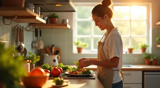 Cuisine lumineuse et chaleureuse avec une personne heureuse préparant un repas, ambiance joyeuse et accueillante