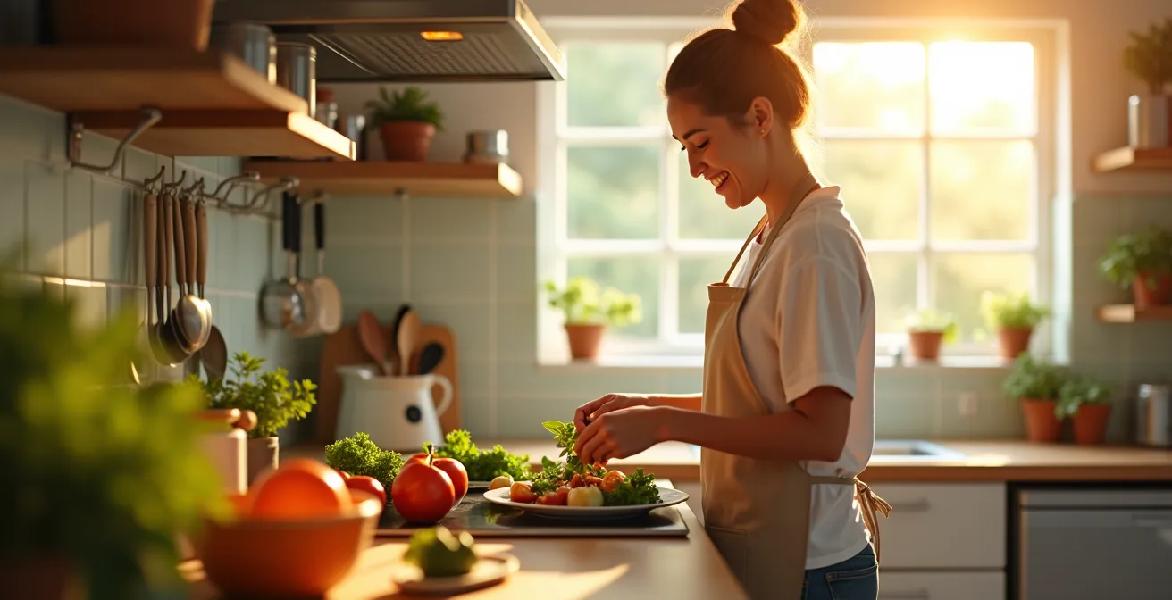 Cuisine lumineuse et chaleureuse avec une personne heureuse préparant un repas, ambiance joyeuse et accueillante