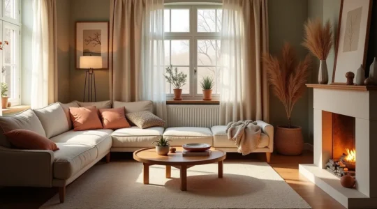 Une pièce intérieure élégante montrant une transition douce entre saisons avec des éléments décoratifs légers et chaleureux.