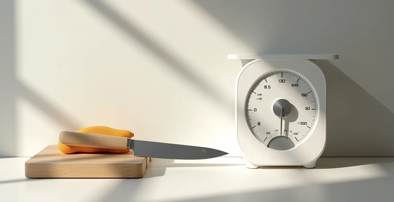 Les trois ustensiles essentiels dans une cuisine minimaliste : couteau de chef, planche en bois, balance numérique