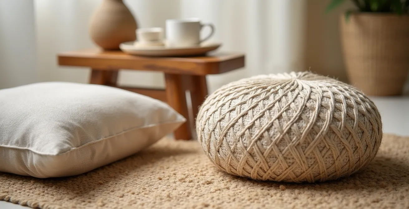 Ensemble d'accessoires de méditation artisanaux français incluant zafu et coussins en matériaux naturels