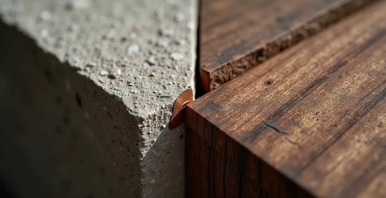 Détail architectural montrant la jonction harmonieuse entre poutre en chêne, mur de pierre calcaire et structure métallique